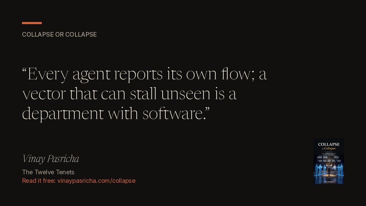 Quote card: Every agent reports its own flow; a vector that can stall unseen is a department with software.