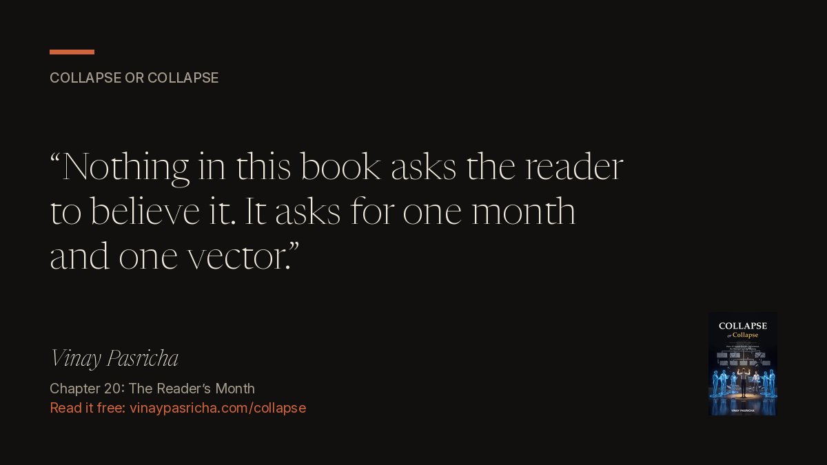 Quote card: Nothing in this book asks the reader to believe it. It asks for one month and one vector.