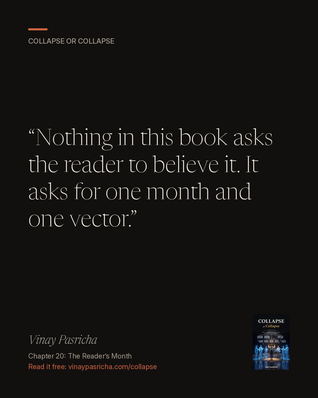 Quote card: Nothing in this book asks the reader to believe it. It asks for one month and one vector. Vinay Pasricha, Collapse or Collapse, Chapter 20: The Reader’s Month.