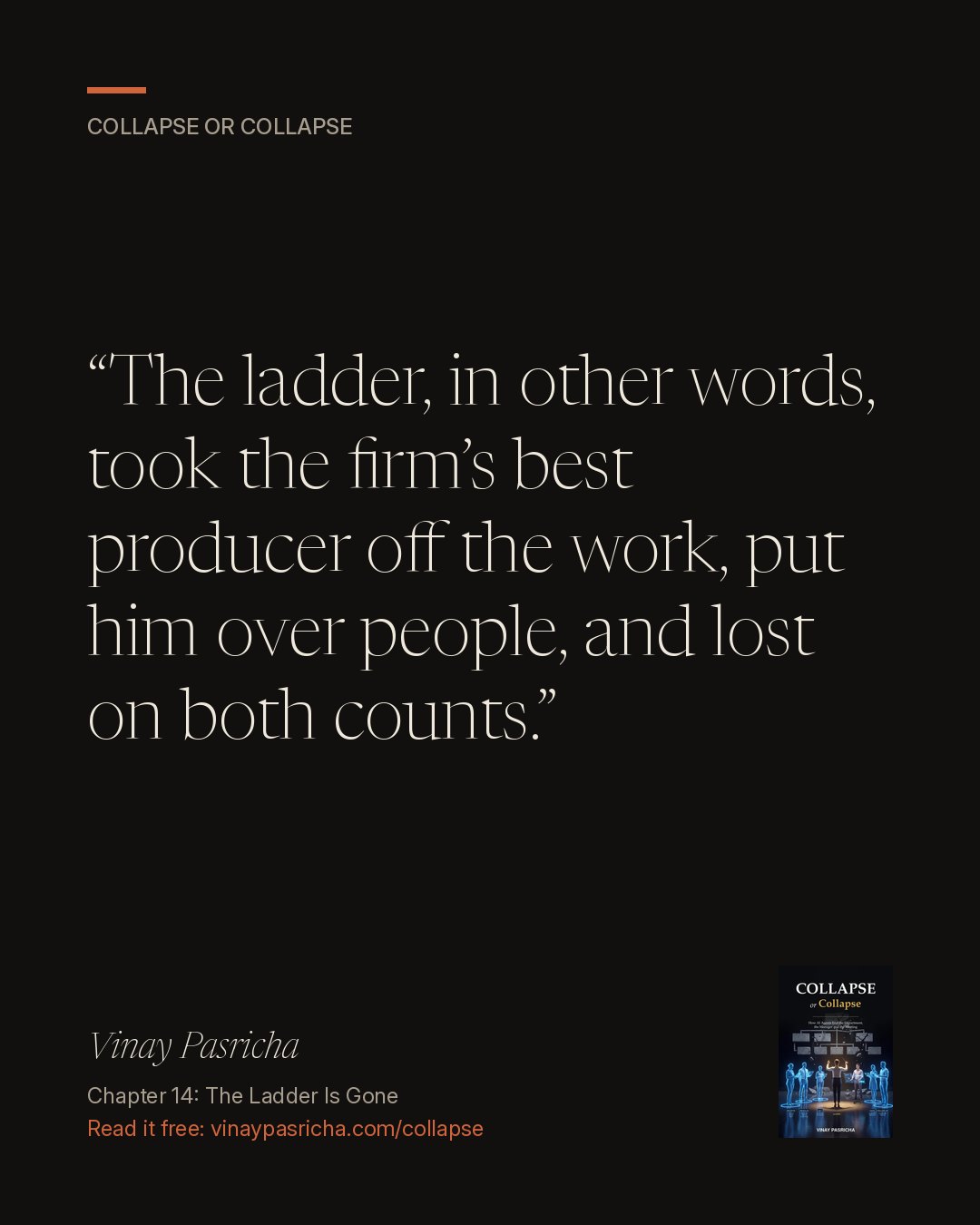 Quote card: The ladder, in other words, took the firm’s best producer off the work, put him over people, and lost on both counts. Vinay Pasricha, Collapse or Collapse, Chapter 14: The Ladder Is Gone.