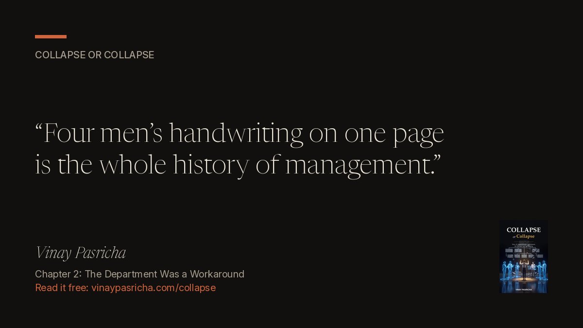 Quote card: Four men’s handwriting on one page is the whole history of management.