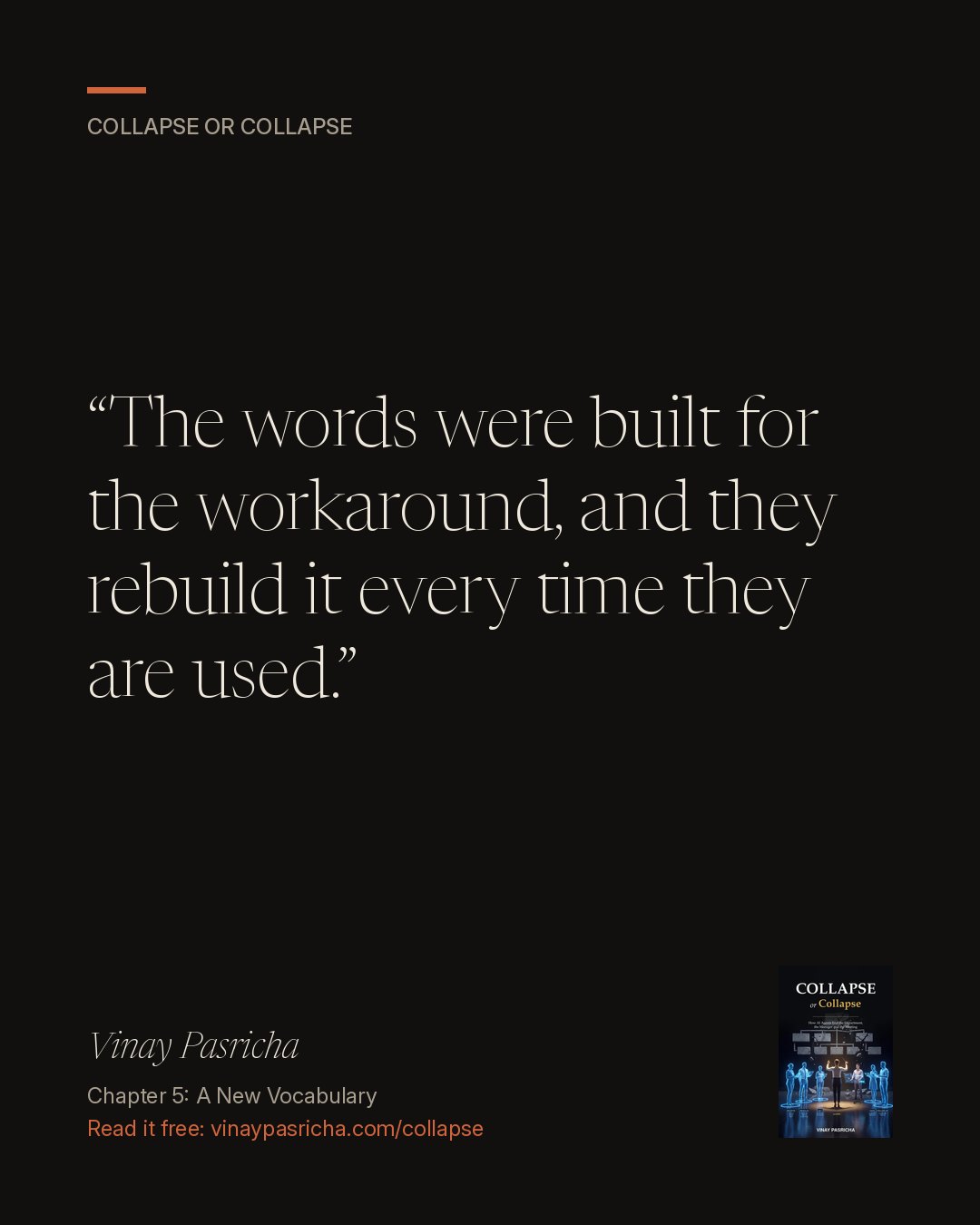 Quote card: The words were built for the workaround, and they rebuild it every time they are used. Vinay Pasricha, Collapse or Collapse, Chapter 5: A New Vocabulary.