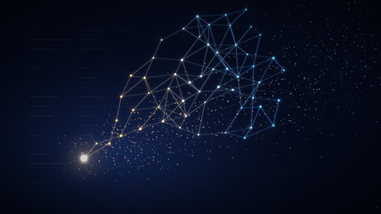 A single glowing point of light grows into a wide network, its lines turning from gold to blue
