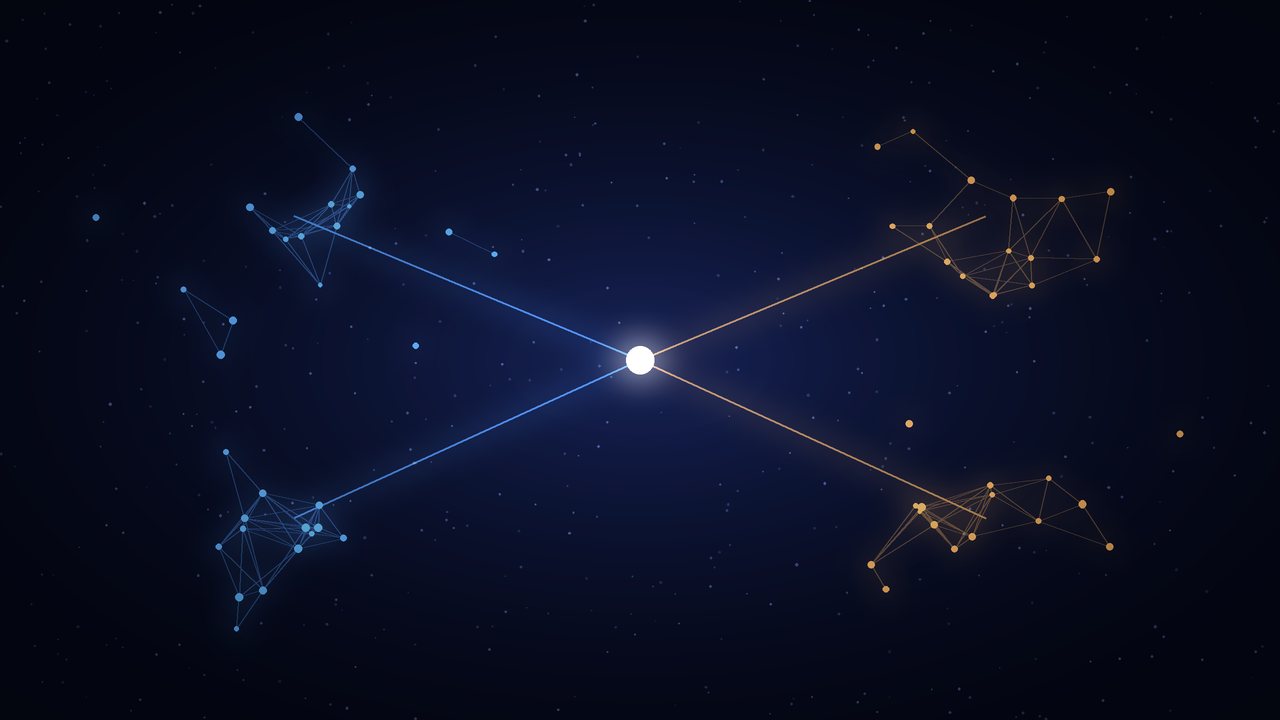A bright central node links four glowing clusters of blue and gold points across a dark field