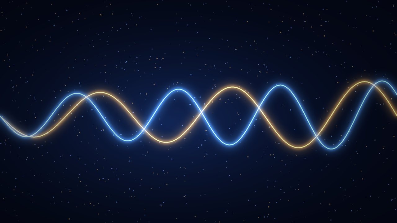 Two glowing waves, one gold and one blue, drift in and out of step across a dark field
