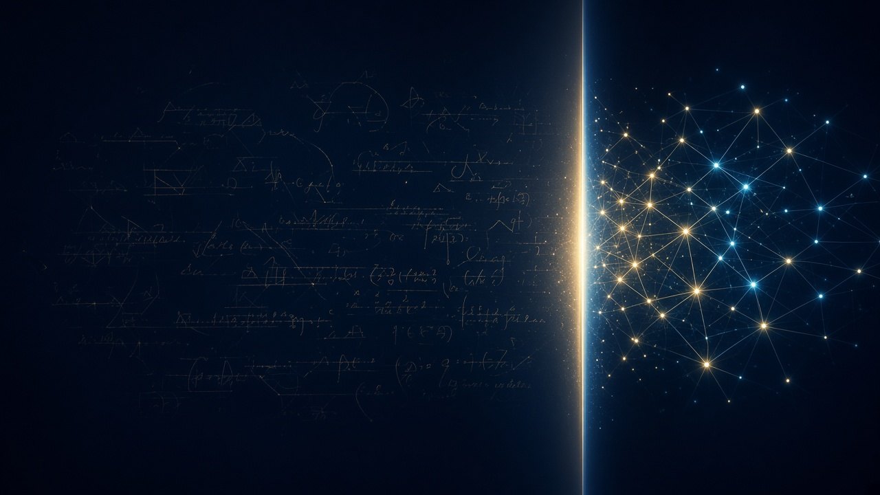 Faint mathematical proofs on the left cross a line of light and become a glowing network on the right