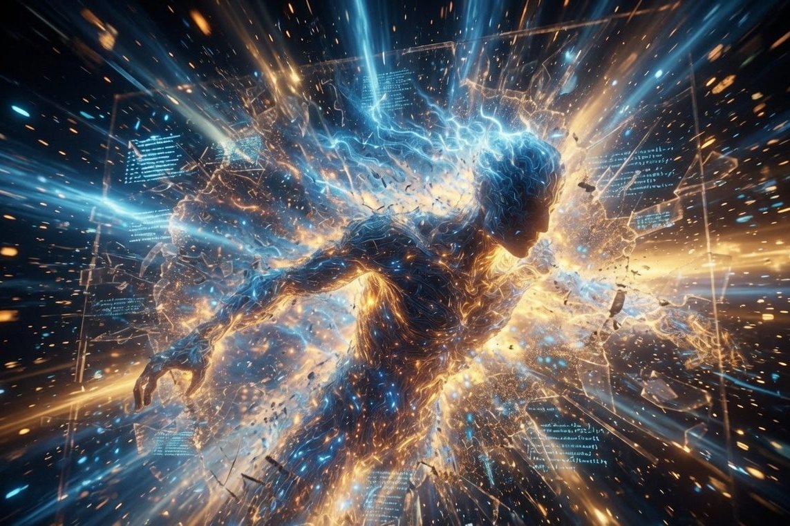 Abstract illustration of a glowing human figure breaking through a shattered digital screen