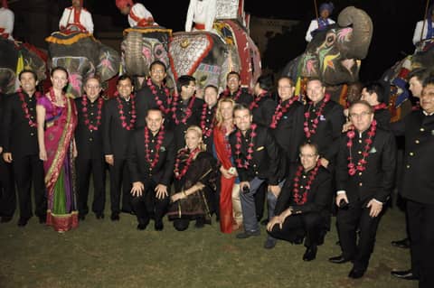 Same group in front of elephants, tighter