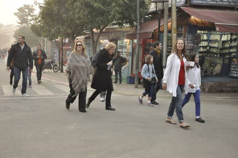 Group walking along a street in the morning