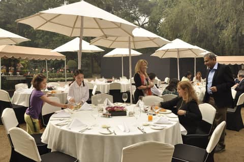 Outdoor lunch under parasols, wider