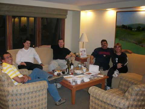 Study-group room: five people on sofas